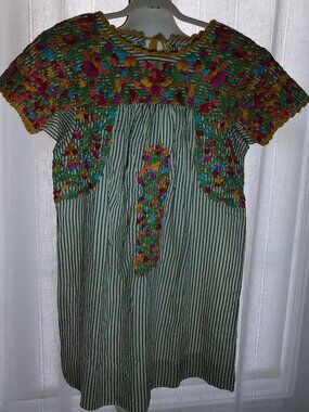 SISTER MARY NWT Short Sleeve Back Tie White w/Blue Stripe Embroidered Dress XS